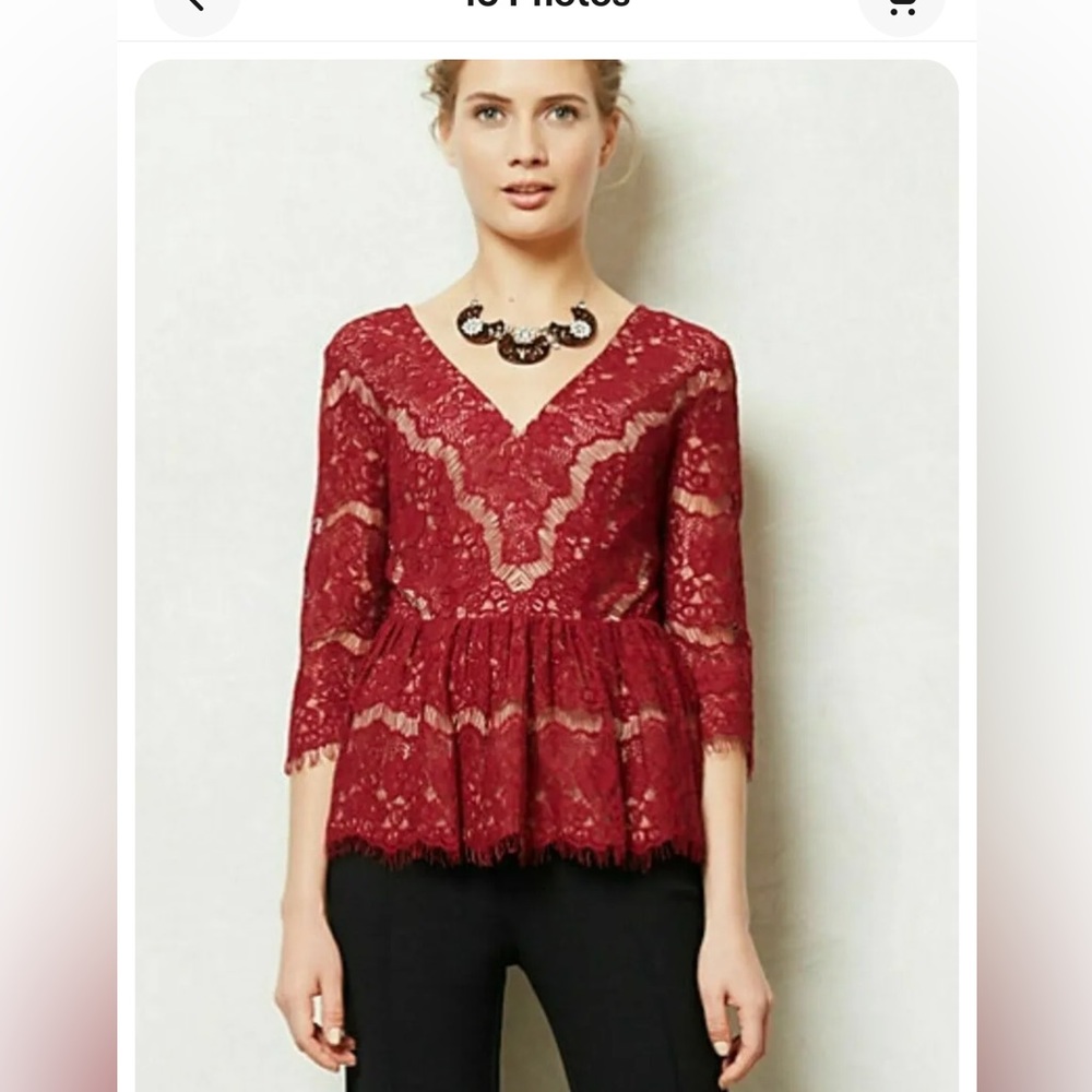 Maeve Anthropologie Lace Peplum Top Blouse double v-neck maroon Red like new